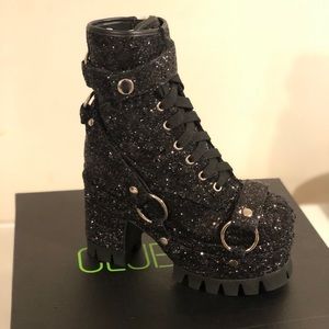 Club Exx Black Glitter Harness Platform Ankle Boot